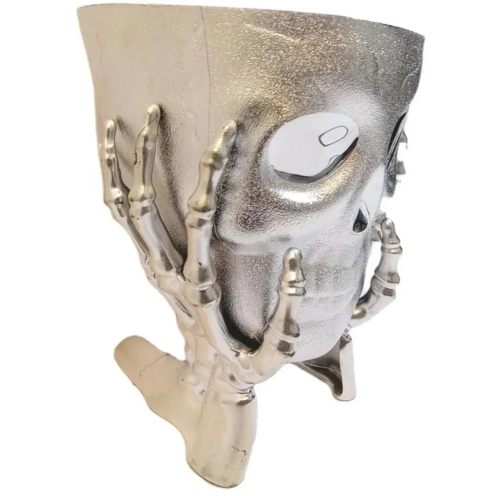 Halloween Skull Candy Table Bowl Silver Metallic Chrome Dish Skeleton Hands
